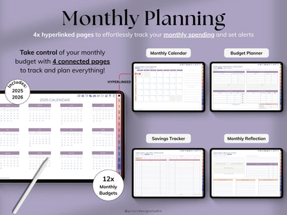 Monthly planning tool with various pages for budgeting, tracking, and reflection on a purple background.