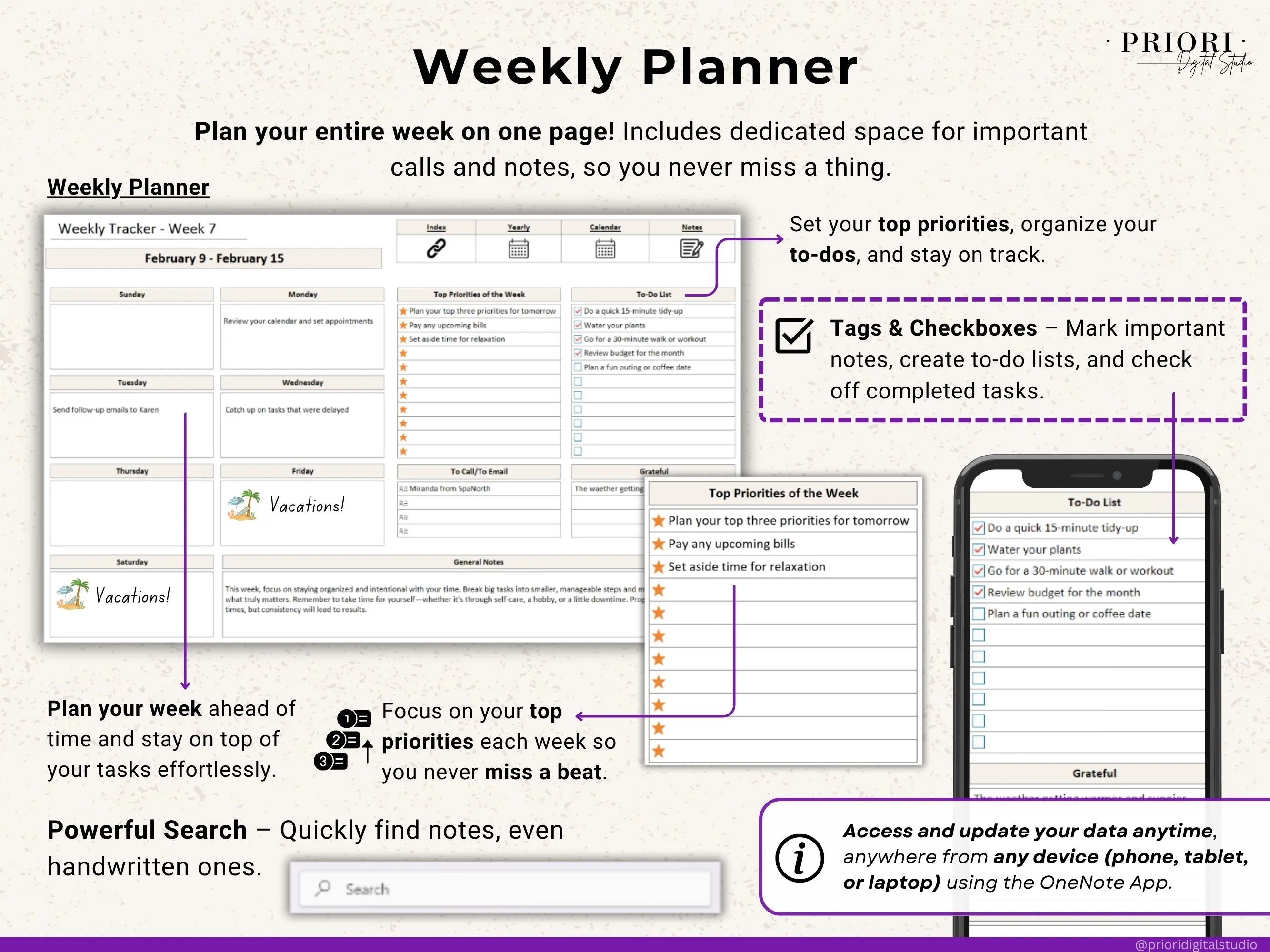 OneNote Template for 2025 Weekly Digital Planner Monthly OneNote Planner Hyperlinked Planner Organization Planner Professional Dated Planner
