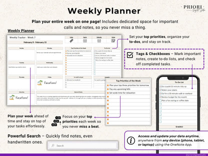 OneNote Template for 2025 Weekly Digital Planner Monthly OneNote Planner Hyperlinked Planner Organization Planner Professional Dated Planner