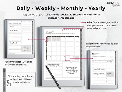 reMarkable Digital Planner 2025 2026 Daily Planner reMarkable 2 Template Minimalist Hyperlinked Planner for reMarkable Organization Planner