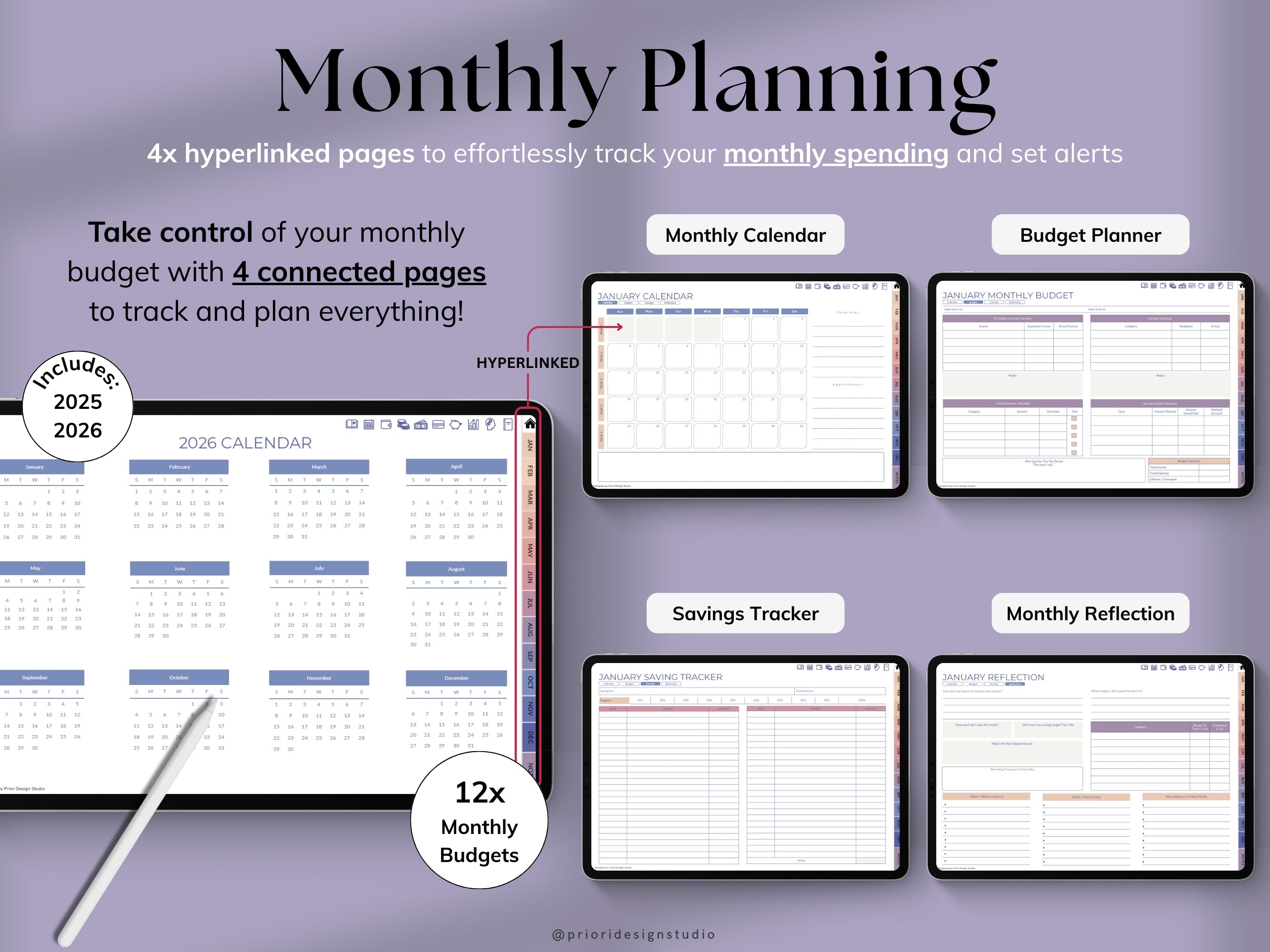 Weekly Budget Planner app on a tablet with a stylus, on a light gray background.