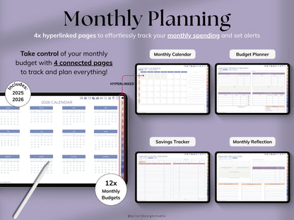 Weekly Budget Planner app on a tablet with a stylus, on a light gray background.