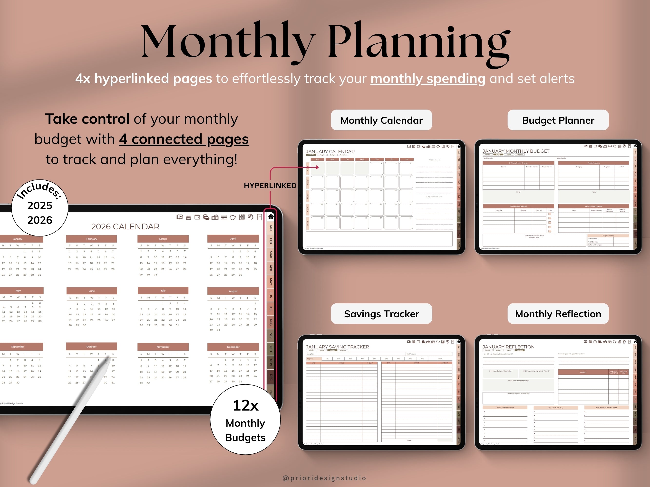 Weekly Budget Planner app on a tablet with a stylus, on a light gray background.