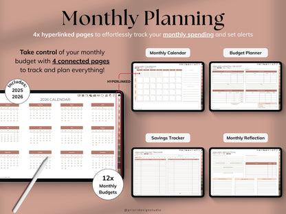 Weekly Budget Planner app on a tablet with a stylus, on a light gray background.