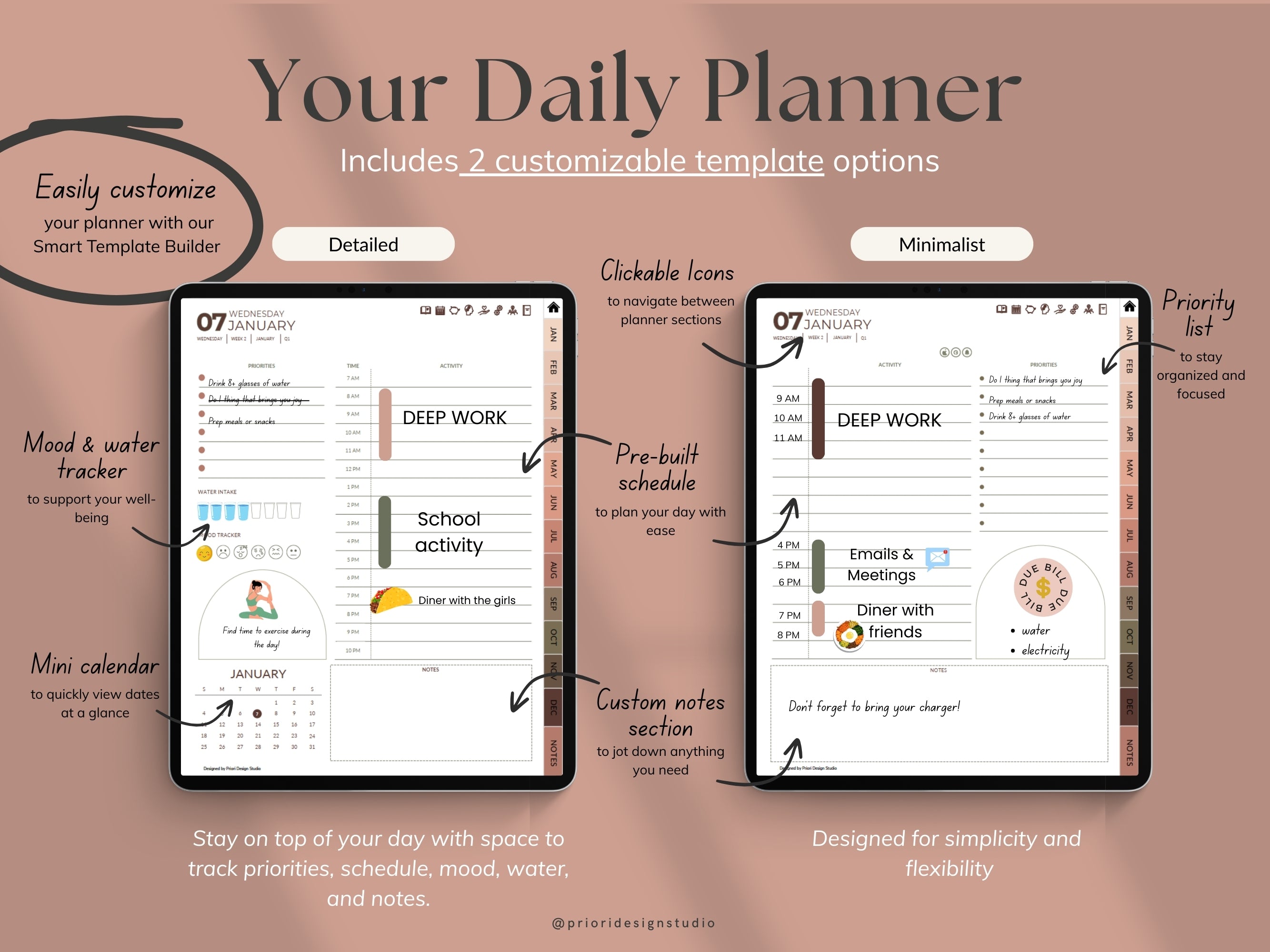 Daily planner app interface with customizable template options for Sepia Rose variant.