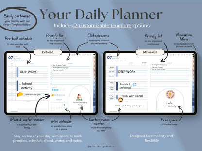 Daily planner software with customizable templates on a blue background