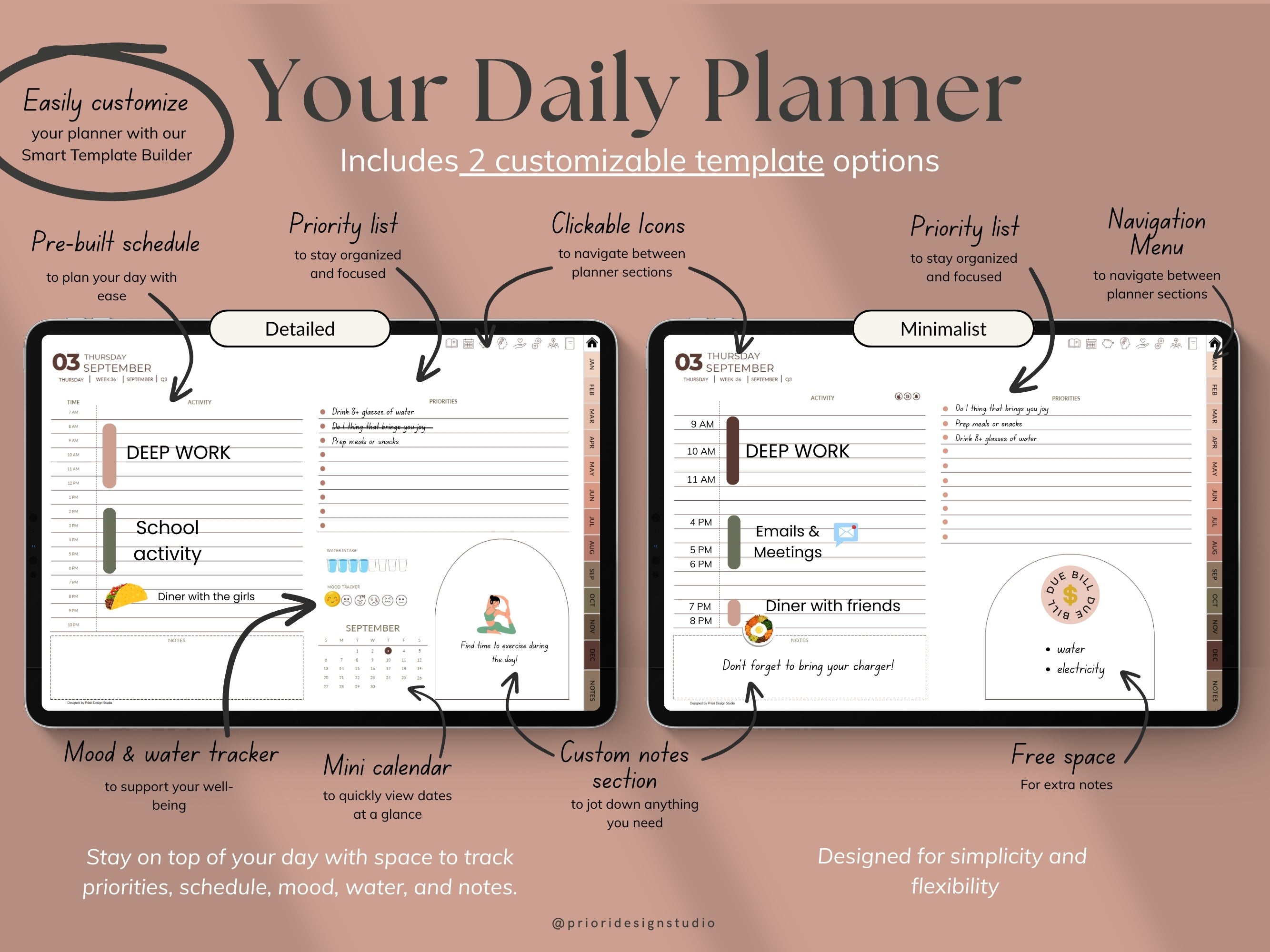 Daily planner software with two customizable template options on a brown background