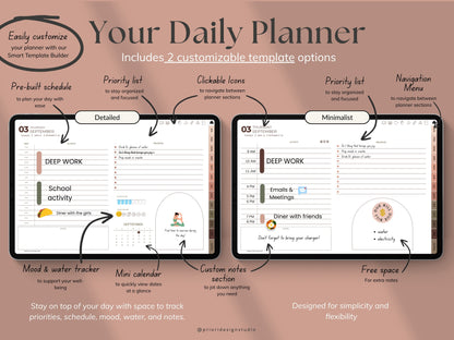 Daily planner software with two customizable template options on a brown background