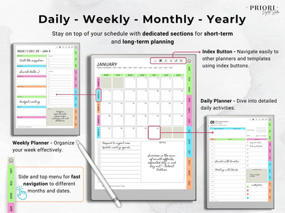 reMarkable Digital Planner 2025 2026 Daily Planner reMarkable 2 Template Minimalist Hyperlinked Planner for reMarkable Organization Planner
