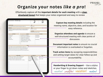 OneNote Planner Meeting Notes Planner Hyperlinked Digital Planner OneNote Productivity Planner for Professional OneNote Work Task Tracker