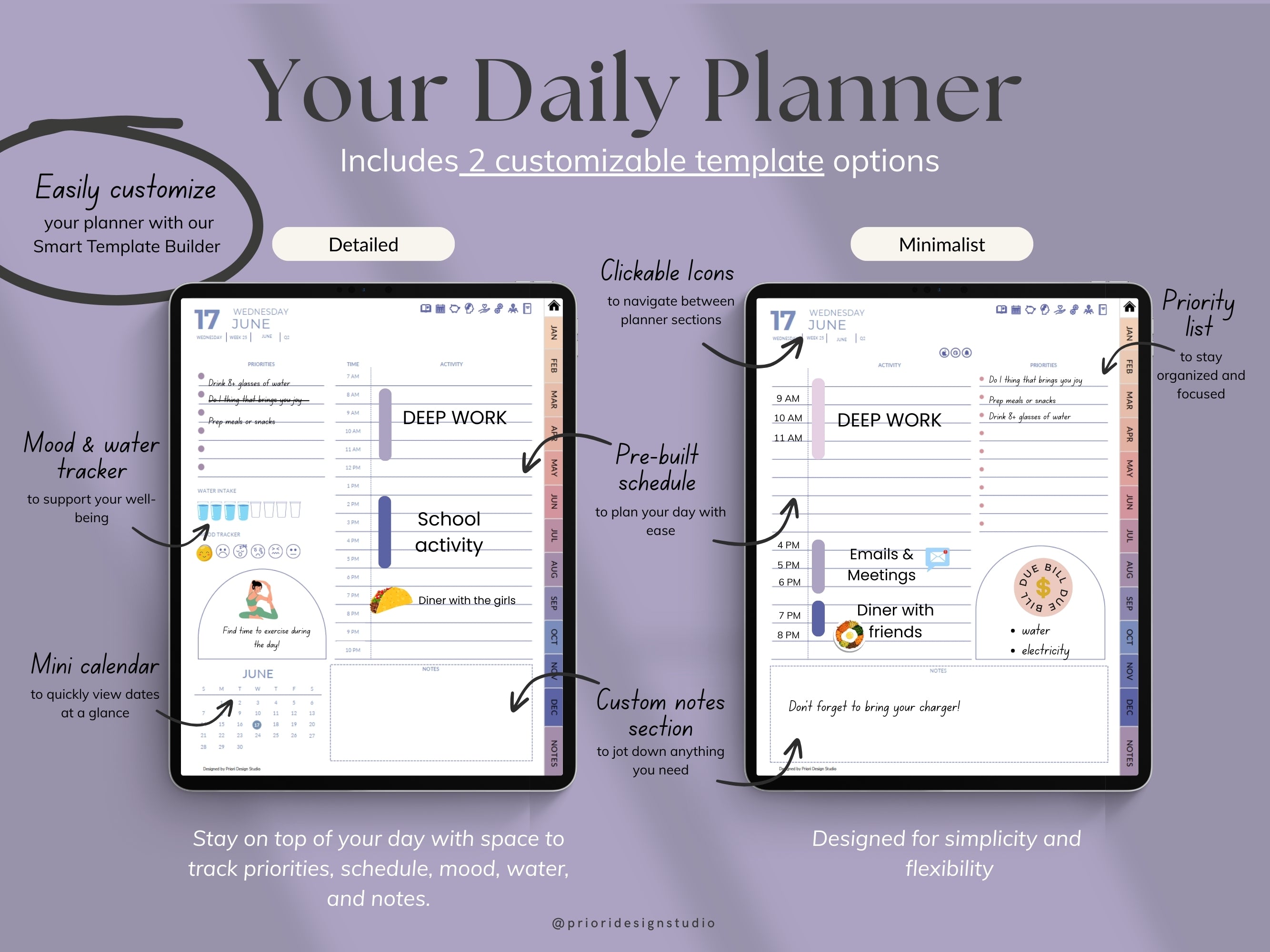 Daily planner page with customizable templates for Blush Dusk variant.