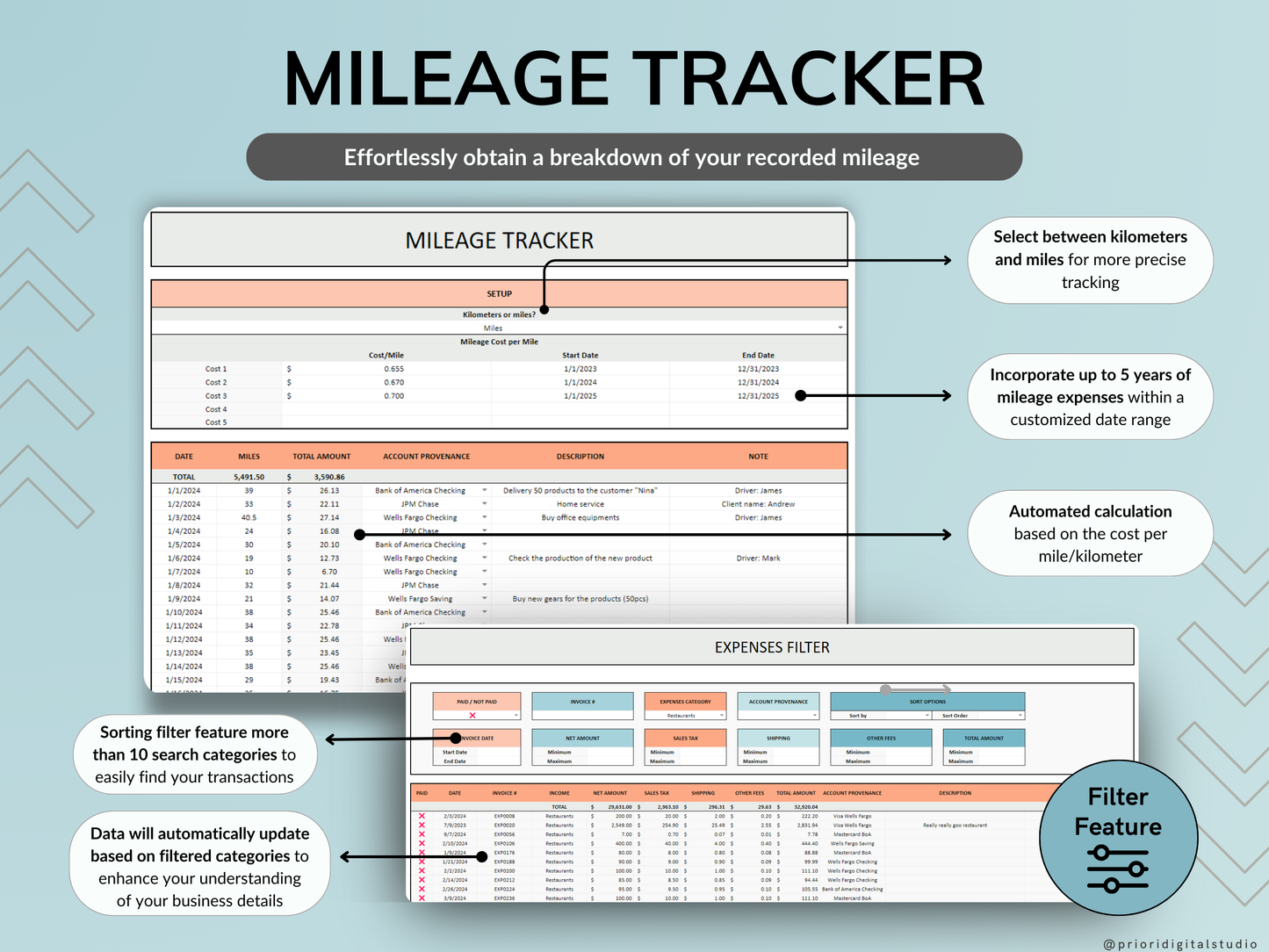 Small Business Bookkeeping Spreadsheet Income Expense Tracker Tax Tracker Accounting Template Mileage Tracker Business Planner Profit & Loss Excel Google Sheets