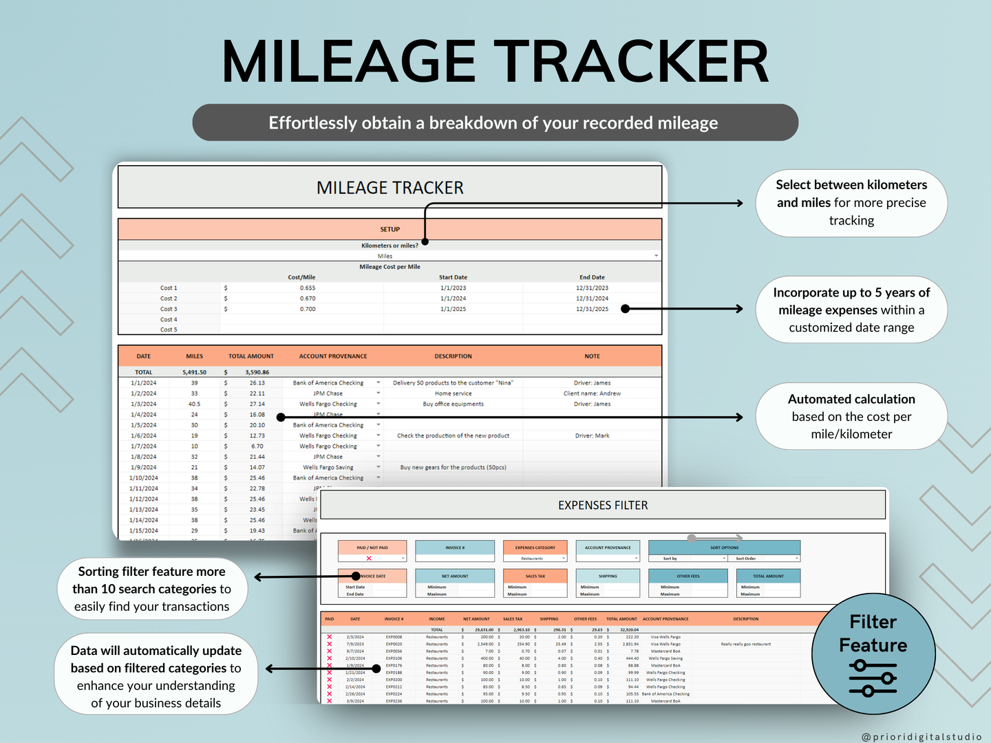 Small Business Bookkeeping Spreadsheet Income Expense Tracker Tax Tracker Accounting Template Mileage Tracker Business Planner Profit & Loss Excel Google Sheets