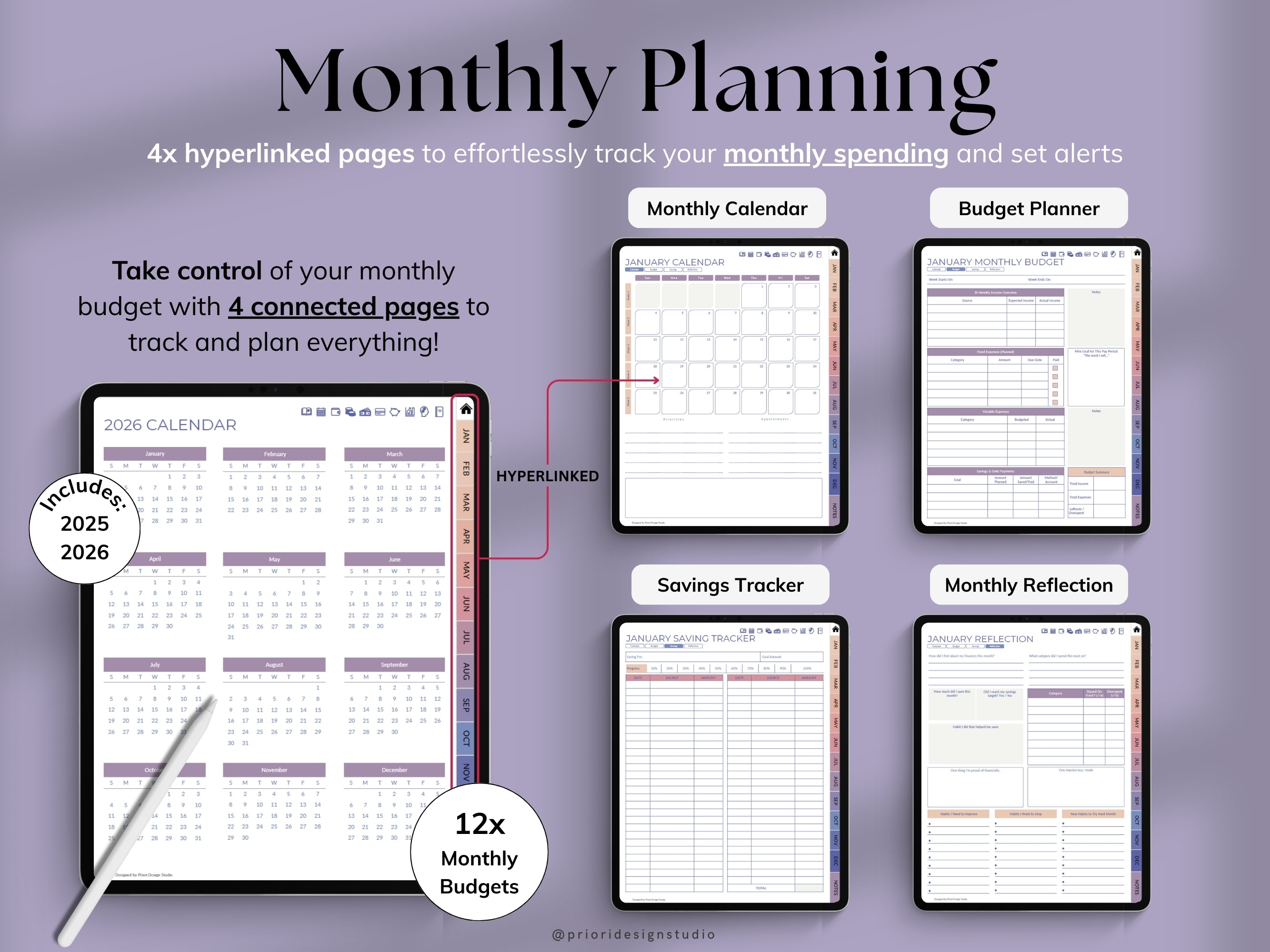 Monthly planning tool with various pages for budgeting and tracking spending on a purple background.