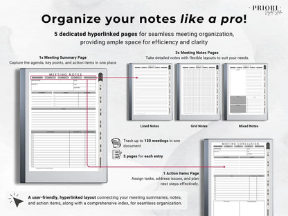 Meeting Notes Planner reMarkable 2 Meeting Templates Hyperlinked for reMarkable Paper Pro Meeting Minutes reMarkable Planner Meeting Agenda