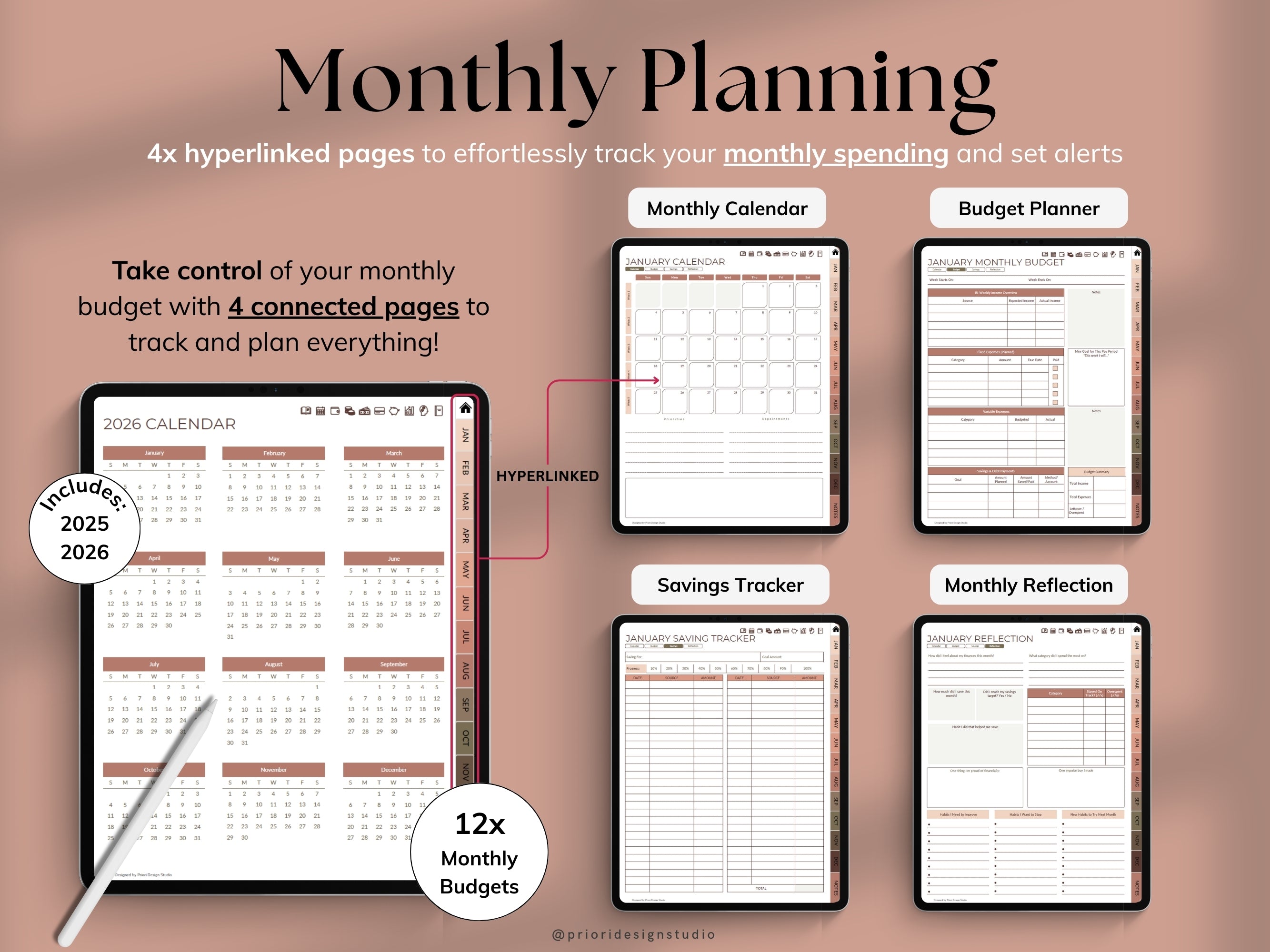 Monthly planning and budgeting planner with various pages on a brown background