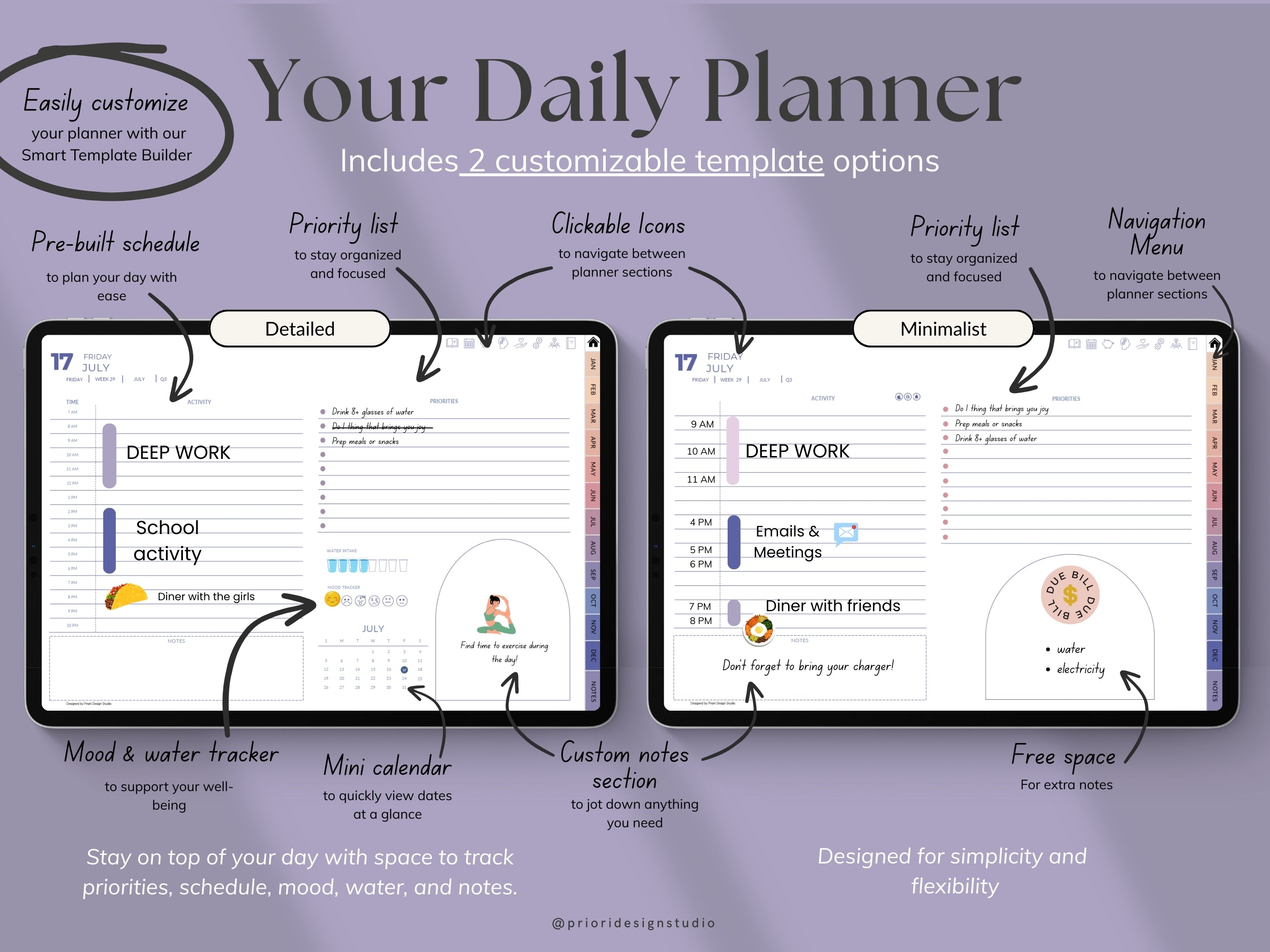 Daily planner software with two customizable templates on a purple background