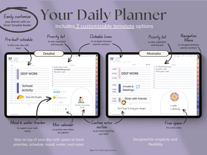 Daily planner software with two customizable templates on a purple background