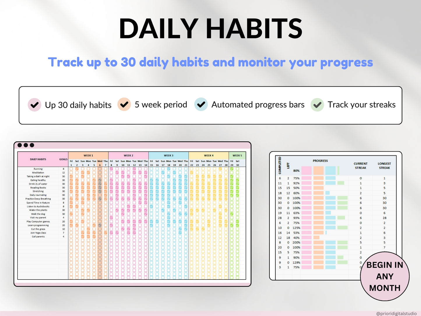 Yearly Habit Tracker Spreadsheet Excel Google Sheets Daily Habit Planner Weekly Goal Planner Routine Planner ADHD Habit Tracker Annual Habit