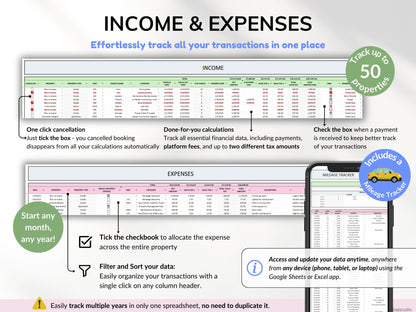 Airbnb Spreadsheet Vacation Rental Property Tracker Bookkeeping Template Google Sheets Booking Calendar Excel Short-Term Rental Management