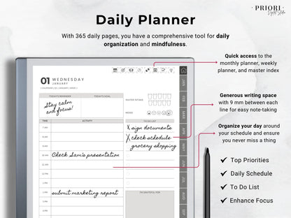 reMarkable Planner Daily Planner 2025 2026 Daily Journal reMarkable 2 Template Digital Planner Minimalist Hyperlinked Planner for reMarkable
