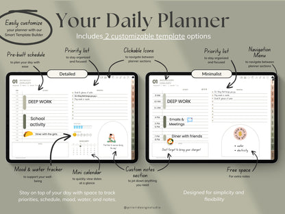 Daily planner software with two customizable template options on a gray background