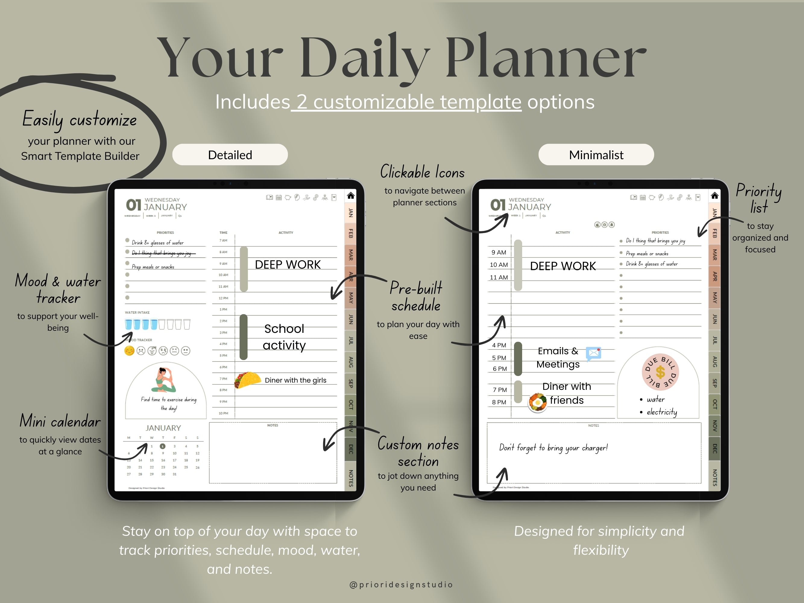 Two digital planners displayed side by side with text describing features and customization options.