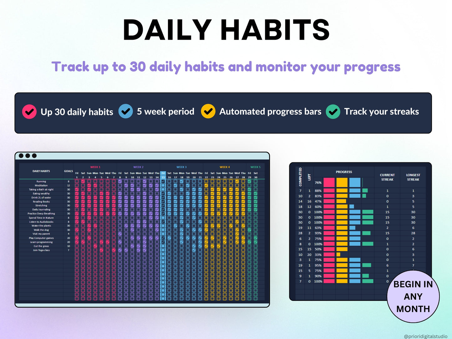 Yearly Habit Tracker Spreadsheet Google Sheets Excel Daily Habit Planner Weekly ADHD Planner Routine Planner Dark Mode Annual Habit Tracker