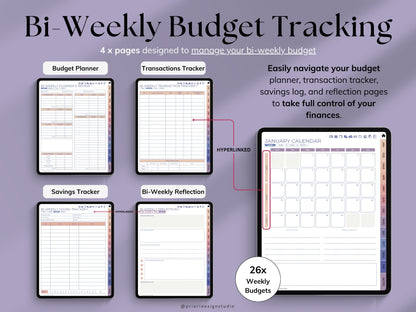 Bi-Weekly Budget Tracking planner with various sections on a purple background