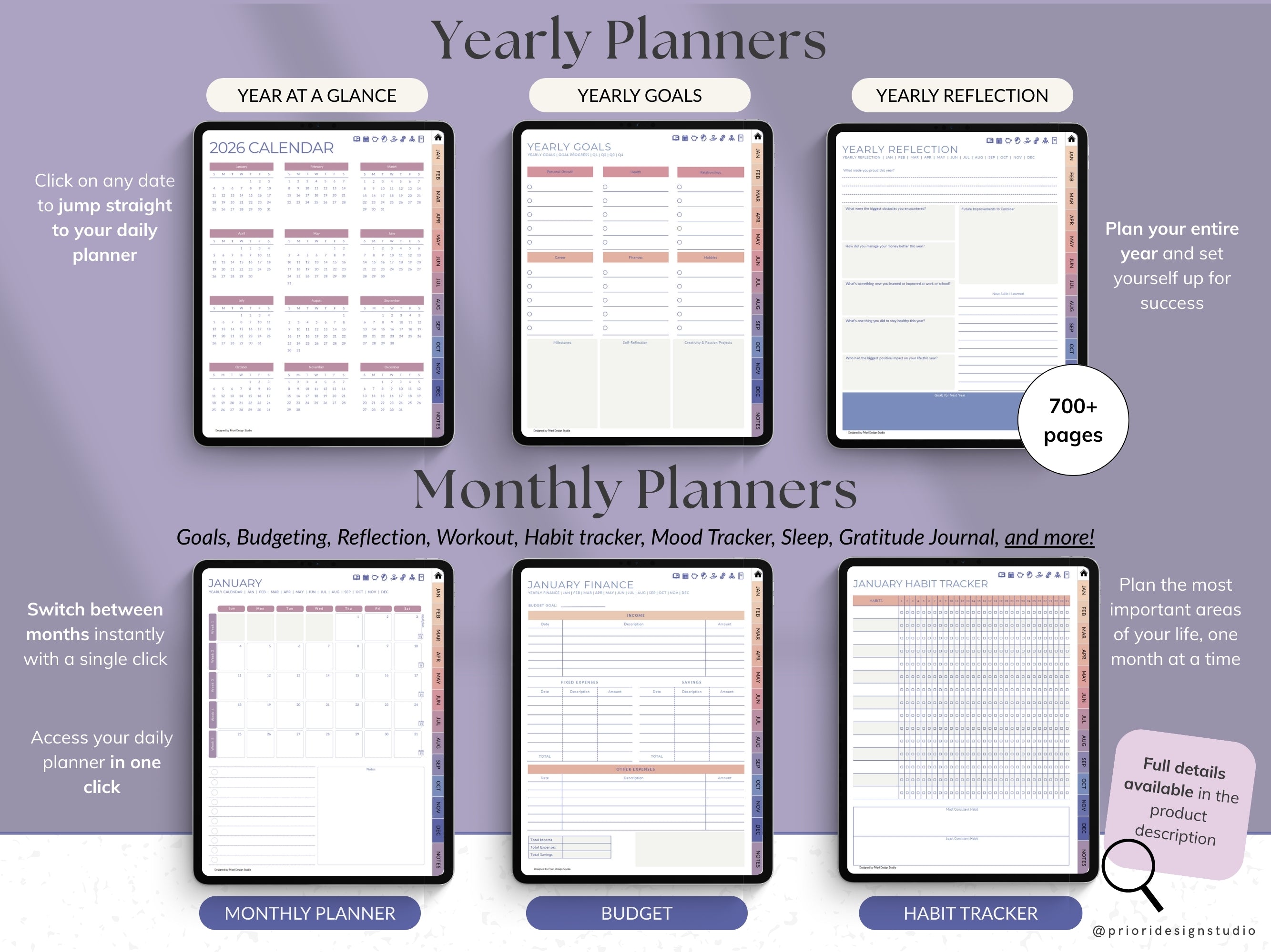 Yearly and monthly planners with various sections for Blush Dusk theme.
