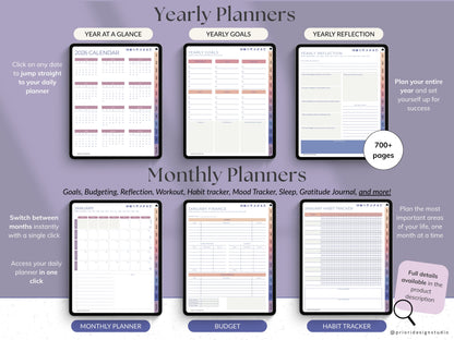 Yearly and monthly planners with various sections for Blush Dusk theme.