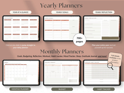 Yearly and monthly planners with various sections on a brown 