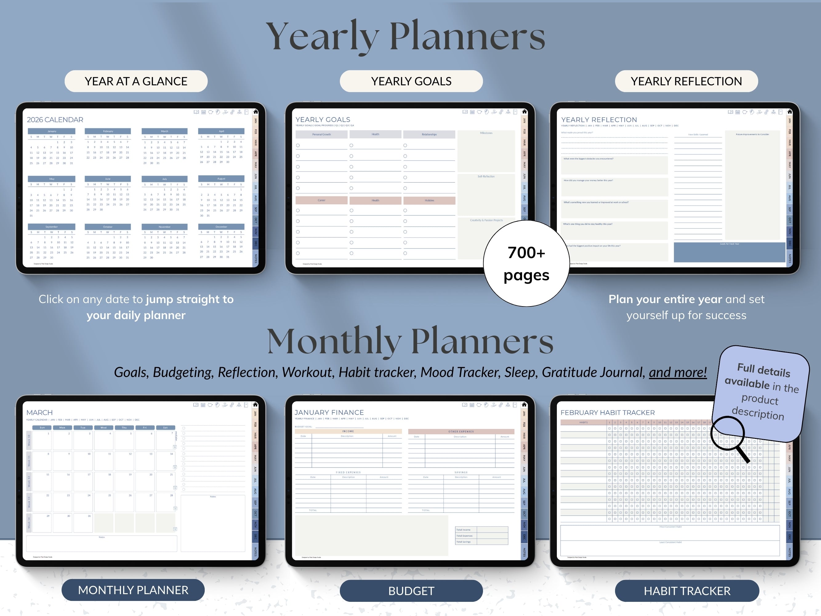 Yearly and monthly planners with various sections on a blue background