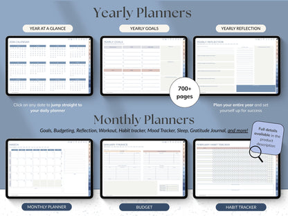 Yearly and monthly planners with various sections on a blue background