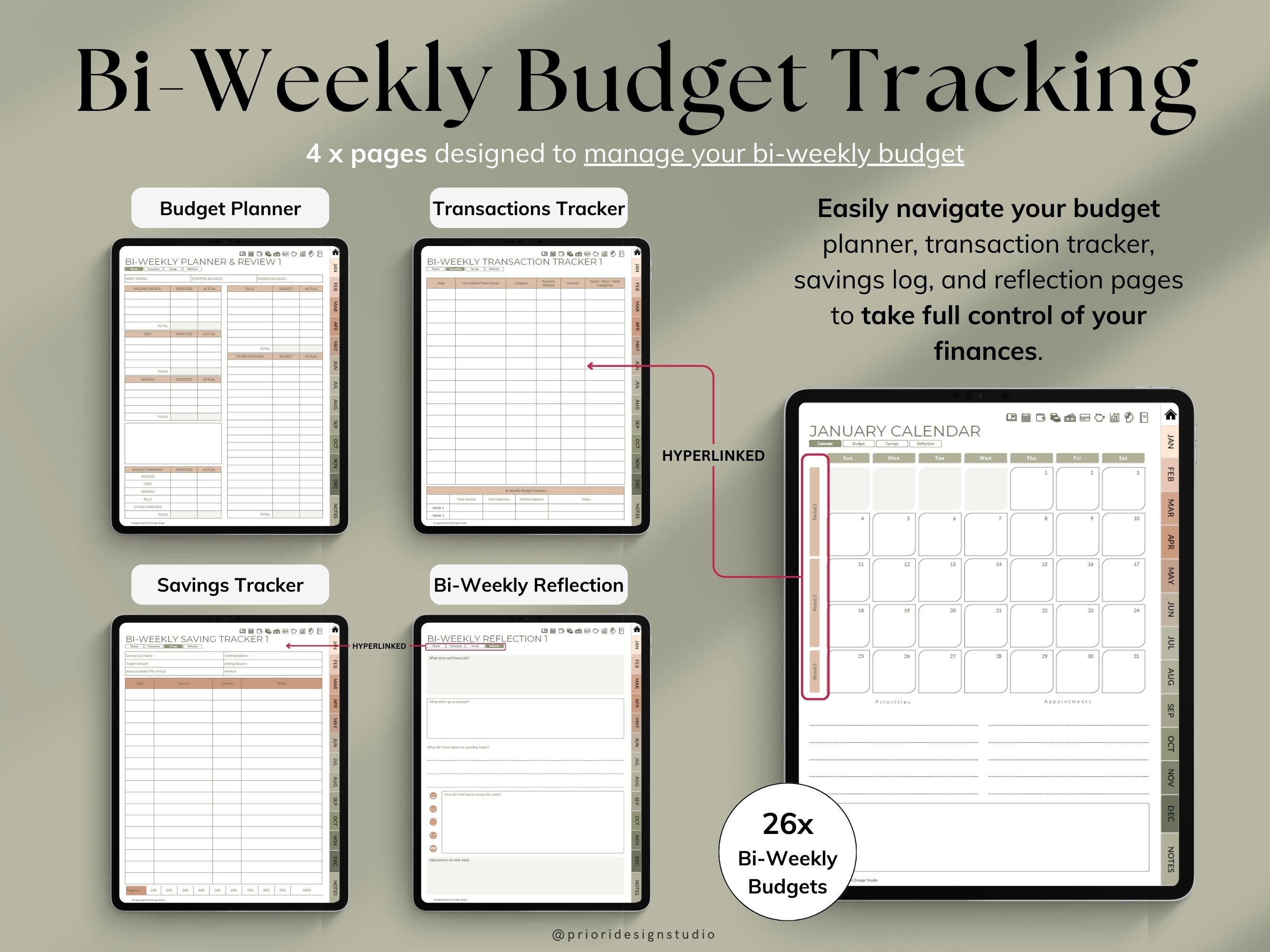 Bi-Weekly Budget Tracking planner with various sections on a beige background