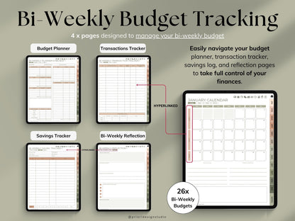 Bi-Weekly Budget Tracking planner with various sections on a beige background