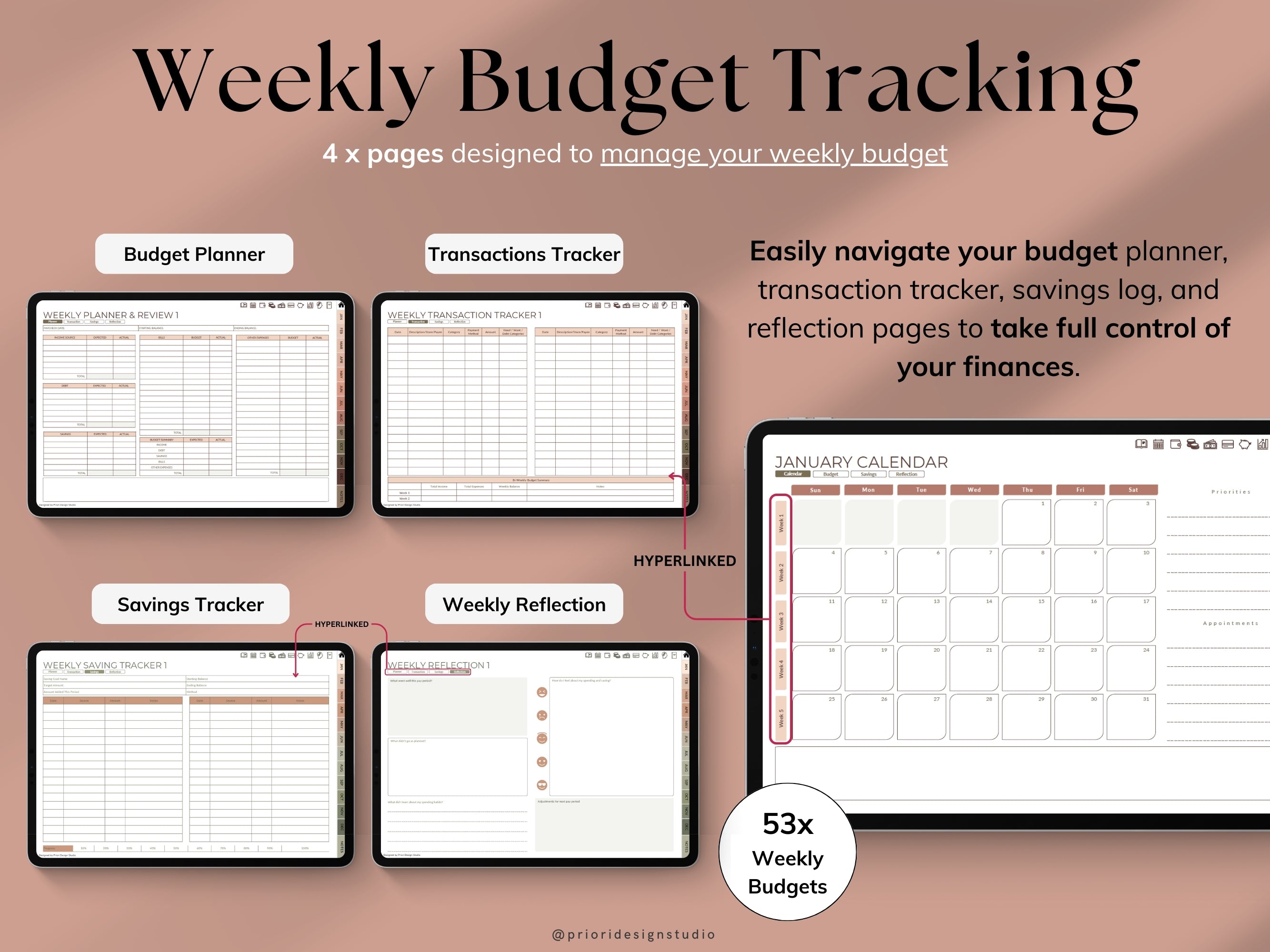 Weekly Budget Planner app on a tablet with a stylus, on a light gray background.