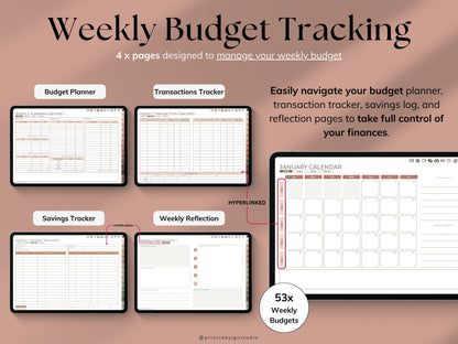 Weekly Budget Planner app on a tablet with a stylus, on a light gray background.