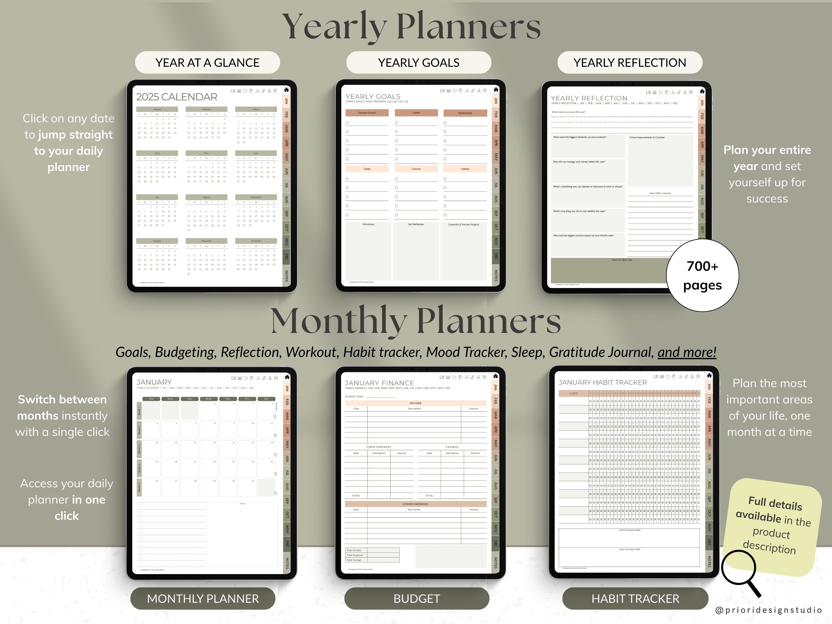 Promotional graphic of yearly and monthly planners with various sections.