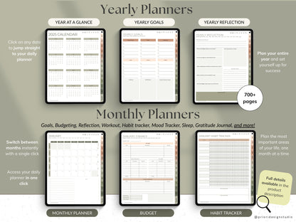 Promotional graphic of yearly and monthly planners with various sections.