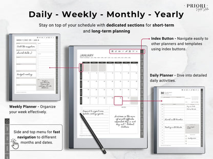 reMarkable Planner Daily Planner 2025 2026 Daily Journal reMarkable 2 Template Digital Planner Minimalist Hyperlinked Planner for reMarkable