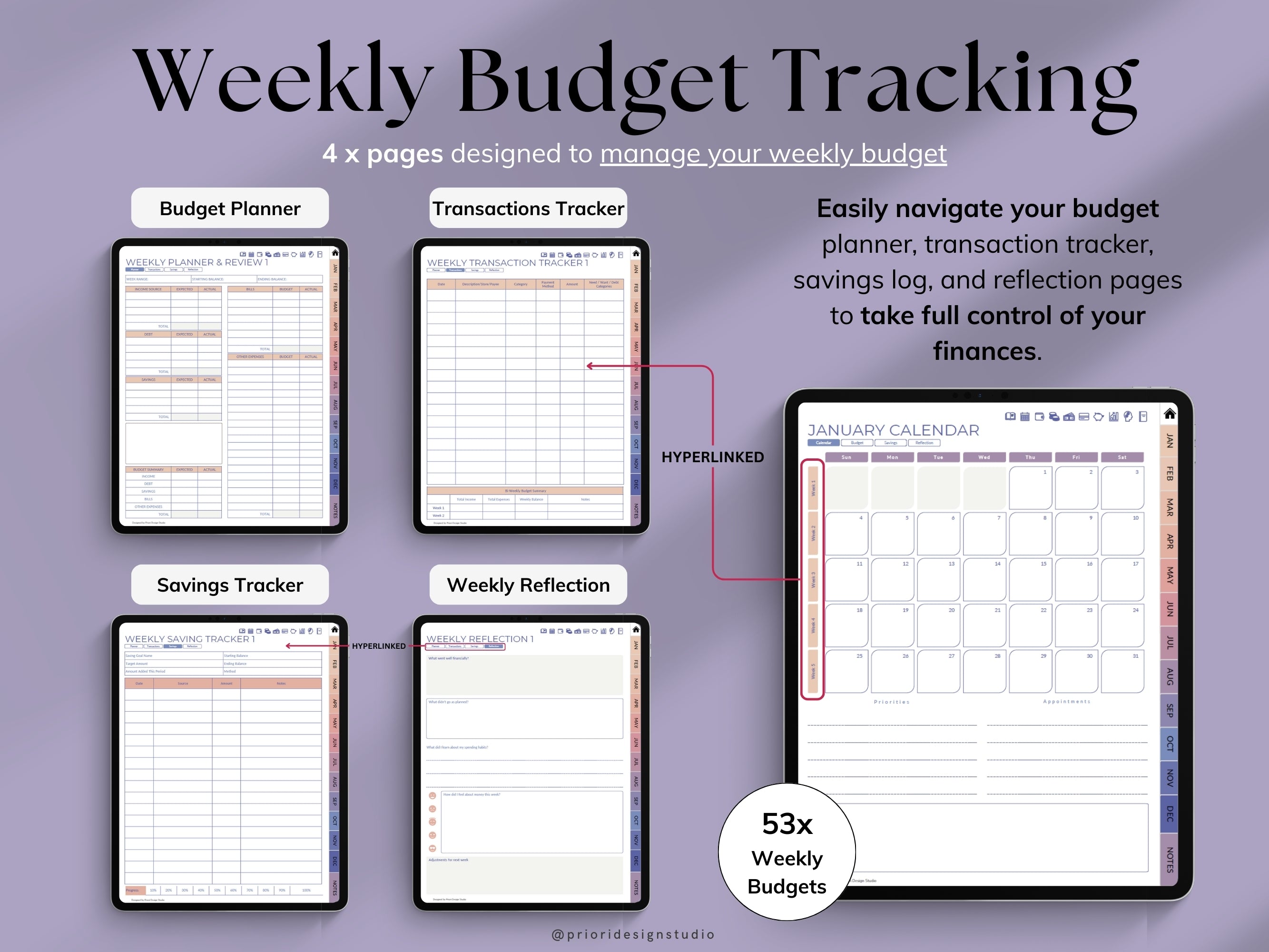 Weekly budget tracking planner with multiple pages on a purple background