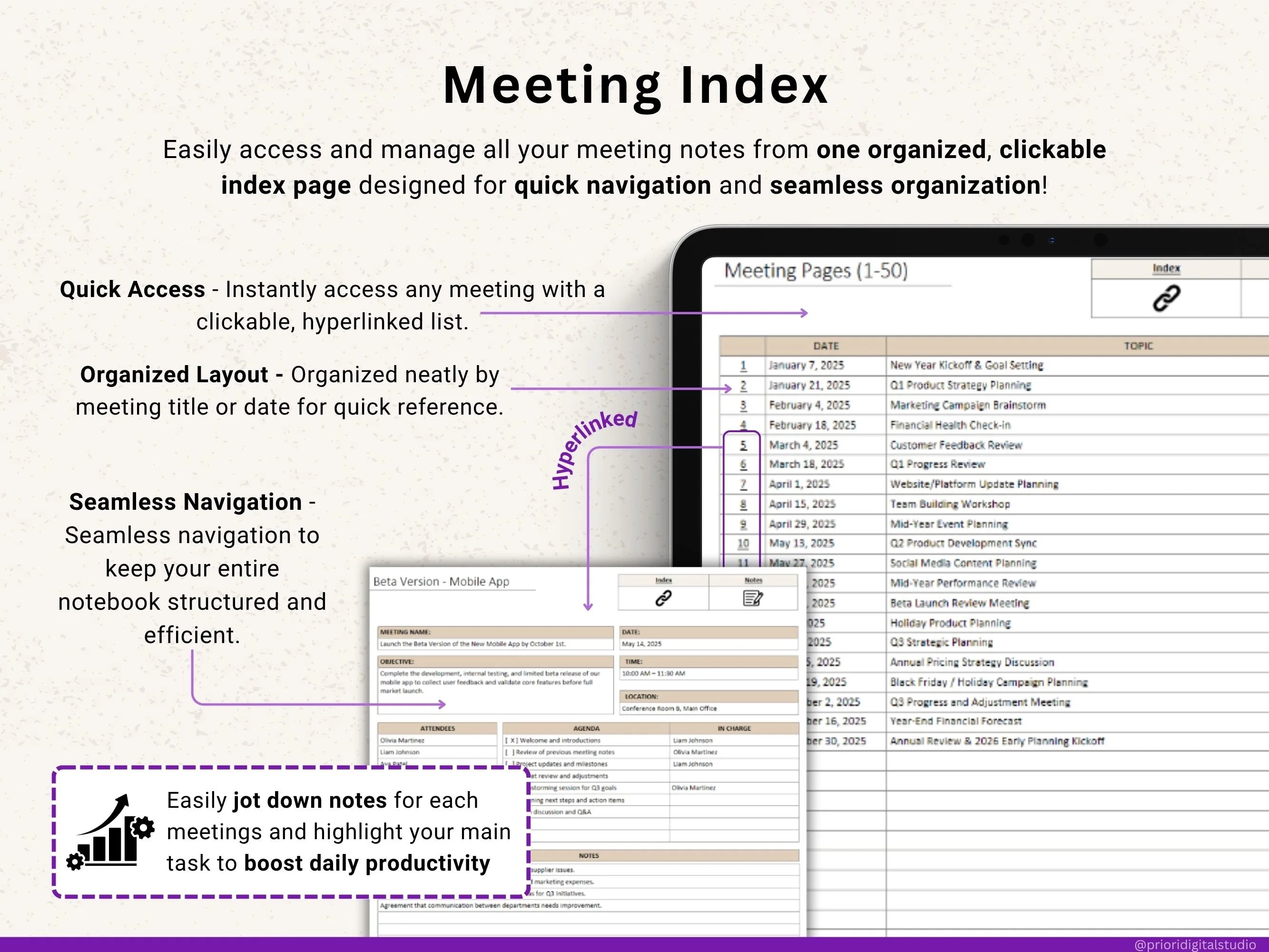 OneNote Planner Meeting Notes Planner Hyperlinked Digital Planner OneNote Productivity Planner for Professional OneNote Work Task Tracker