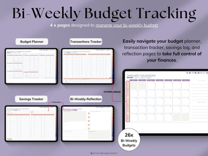Bi-Weekly Budget Tracking planner with various sections on a purple background