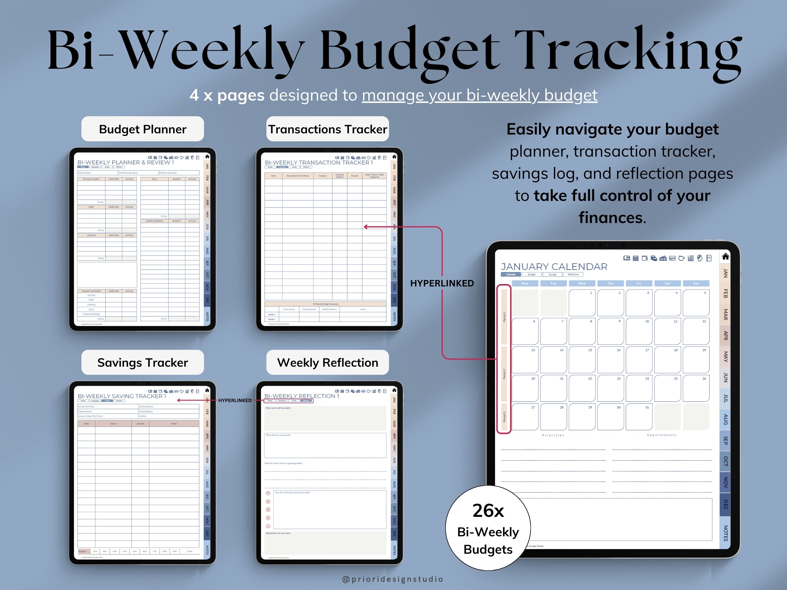 Bi-Weekly Budget Tracking planner with various sections on a blue background