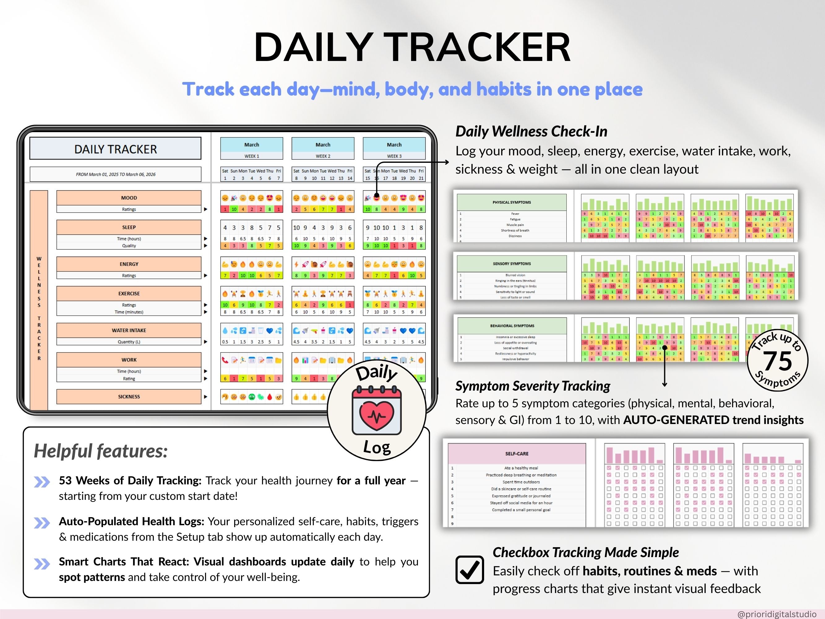 Health Wellness Tracker Spreadsheet Google Sheets Chronic Illness Symptom Log Daily Mental Health Journal Pain Tracker Excel Medical Binder
