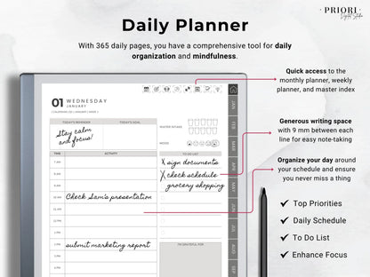 reMarkable Digital Planner 2025 2026 Daily Planner reMarkable 2 Template Minimalist Hyperlinked Planner for reMarkable Organization Planner