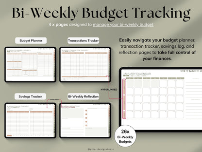Bi-Weekly Budget Tracking planner with various sections on a gray background
