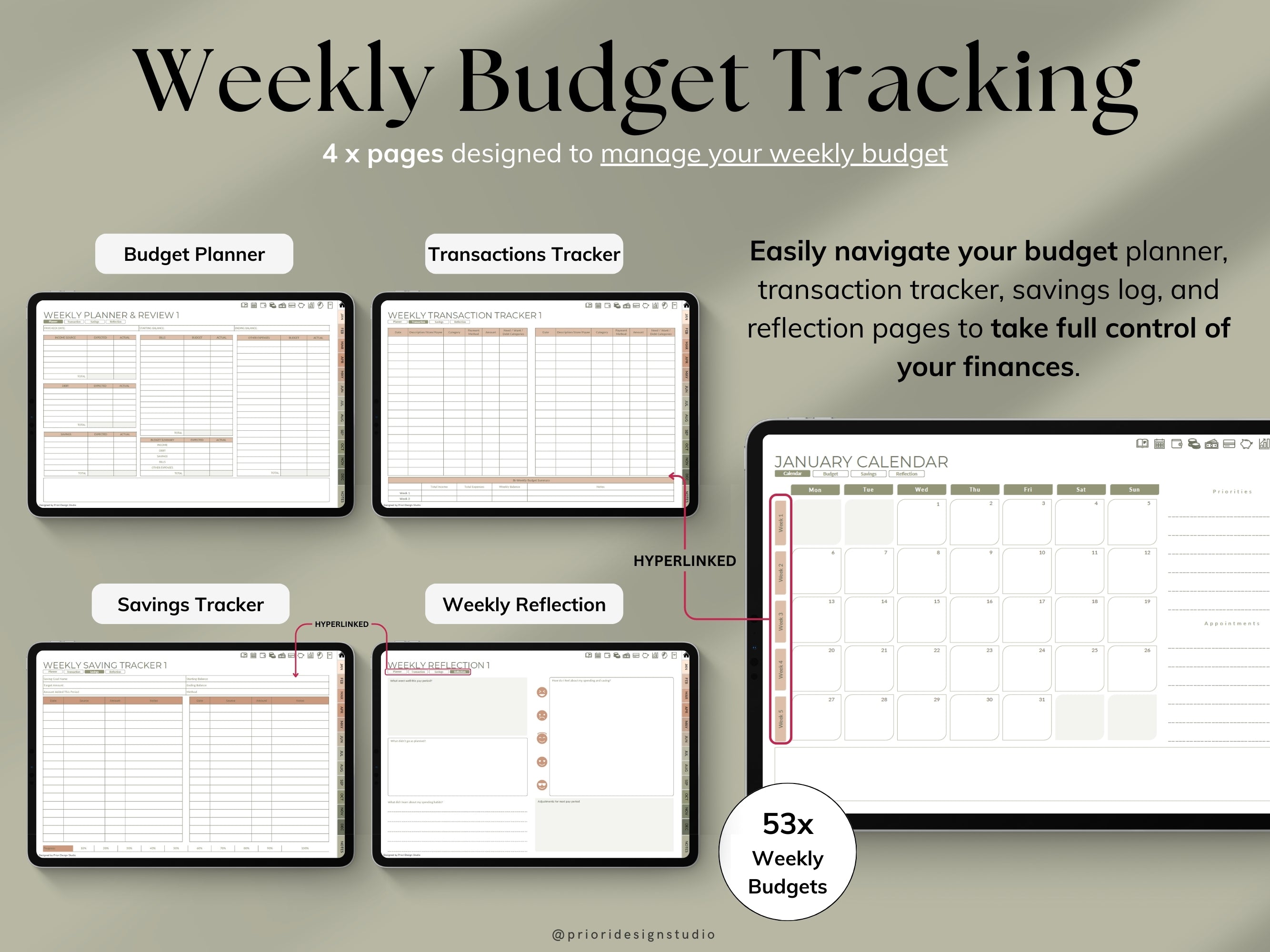 Weekly Budget Planner app on a tablet with a stylus, on a light gray background.