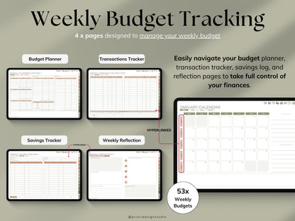 Weekly Budget Planner app on a tablet with a stylus, on a light gray background.